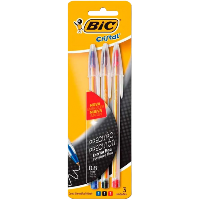 Caneta Bic Cristal Fina AZ/PT/VM 3UN